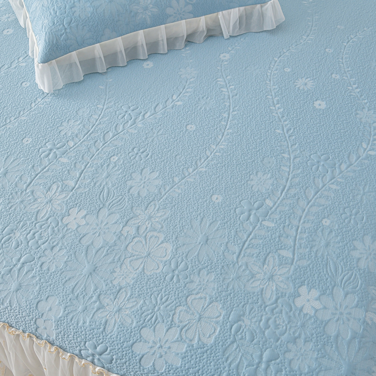 91家纺网 家纺一手货源 找家纺 民新家纺 2026新款3D立体冰豆豆席床裙三件套 漫舞-蓝