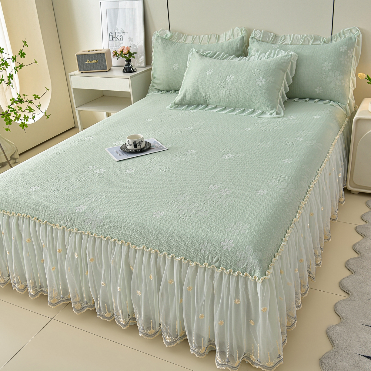 民新家纺 2026新款3D立体冰豆豆席床裙三件套 幸运花朵-绿