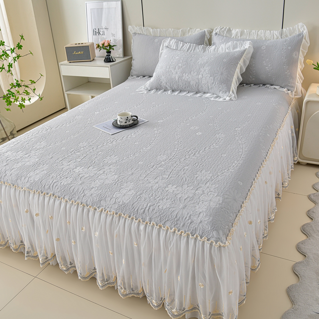 民新家纺 2026新款3D立体冰豆豆席床裙三件套 漫舞-灰