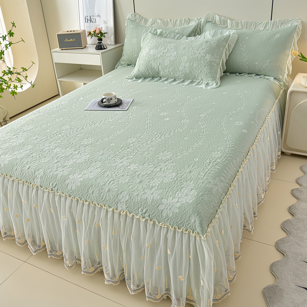 民新家纺 2026新款3D立体冰豆豆席床裙三件套 漫舞-绿