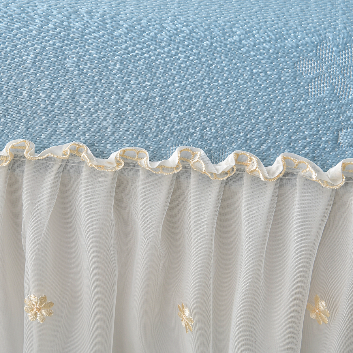 91家纺网 家纺一手货源 找家纺 民新家纺 2026新款3D立体冰豆豆席床裙三件套 幸运花朵-蓝