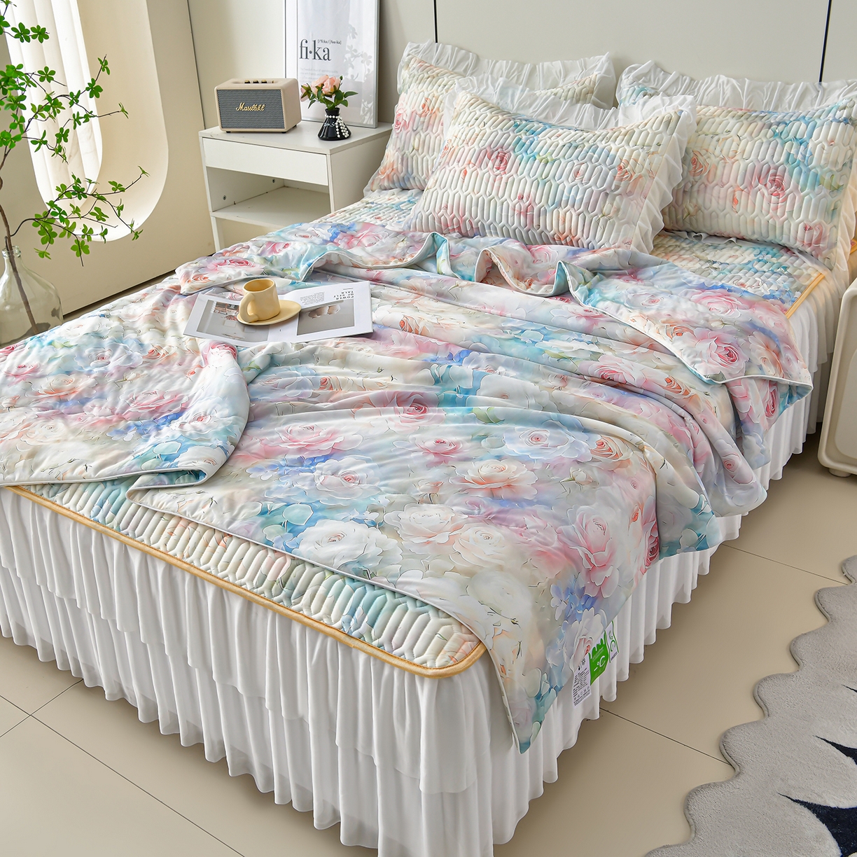 91家纺网 家纺一手货源 找家纺 （总）民新家纺 2026新款凉感丝床裙款乳胶凉席夏被四件套凉席三件套