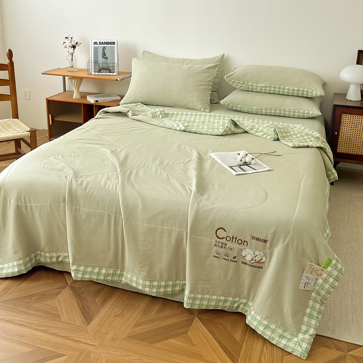 91家纺网 家纺一手货源 找家纺 鹿辉家居（原吉欧力） 2026新款100%新疆棉花水洗色织夏被四件套 橄榄绿