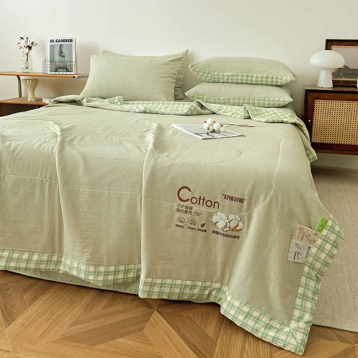 91家纺网 家纺一手货源 找家纺 鹿辉家居（原吉欧力） 2026新款100%新疆棉花水洗色织夏被四件套 橄榄绿