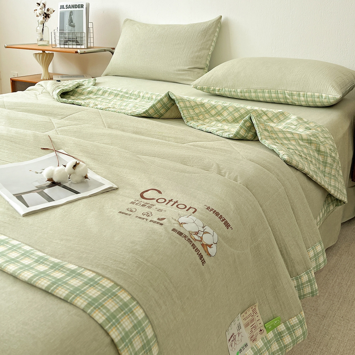 91家纺网 家纺一手货源 找家纺 鹿辉家居（原吉欧力） 2026新款100%新疆棉花水洗色织夏被四件套 橄榄绿
