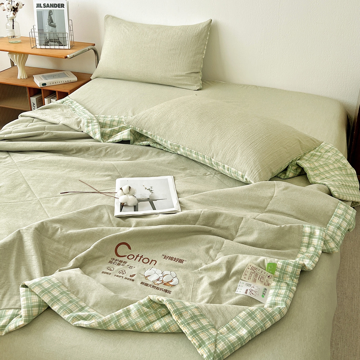 91家纺网 家纺一手货源 找家纺 鹿辉家居（原吉欧力） 2026新款100%新疆棉花水洗色织夏被四件套 橄榄绿