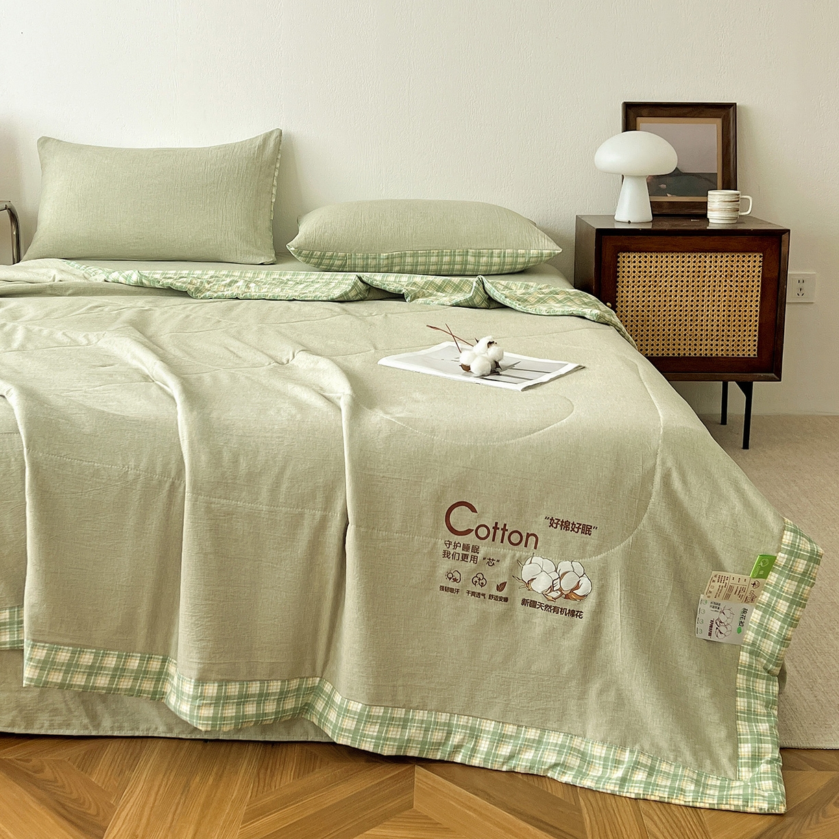 91家纺网 家纺一手货源 找家纺 鹿辉家居（原吉欧力） 2026新款100%新疆棉花水洗色织夏被四件套 橄榄绿