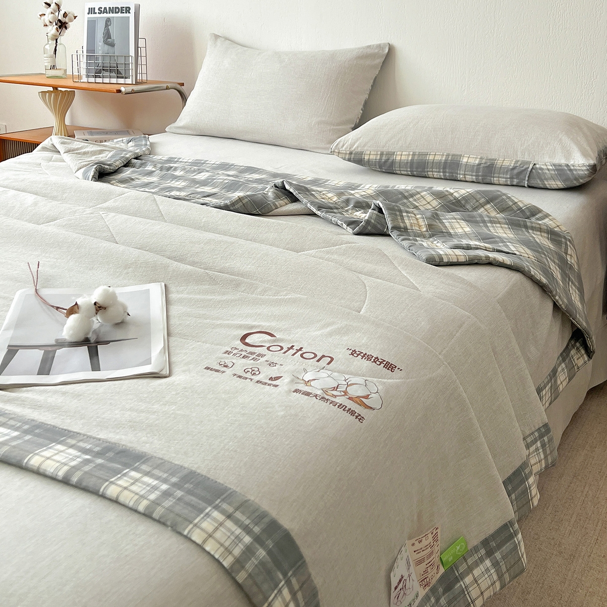 91家纺网 家纺一手货源 找家纺 鹿辉家居（原吉欧力） 2026新款100%新疆棉花水洗色织夏被四件套 灰色