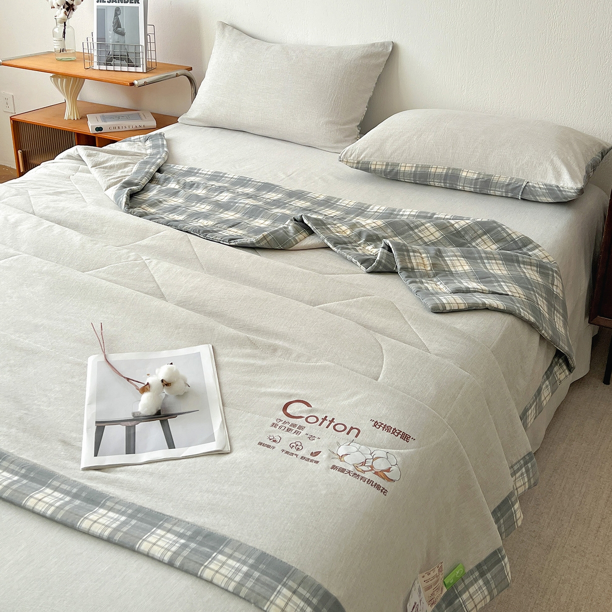 91家纺网 家纺一手货源 找家纺 鹿辉家居（原吉欧力） 2026新款100%新疆棉花水洗色织夏被四件套 灰色