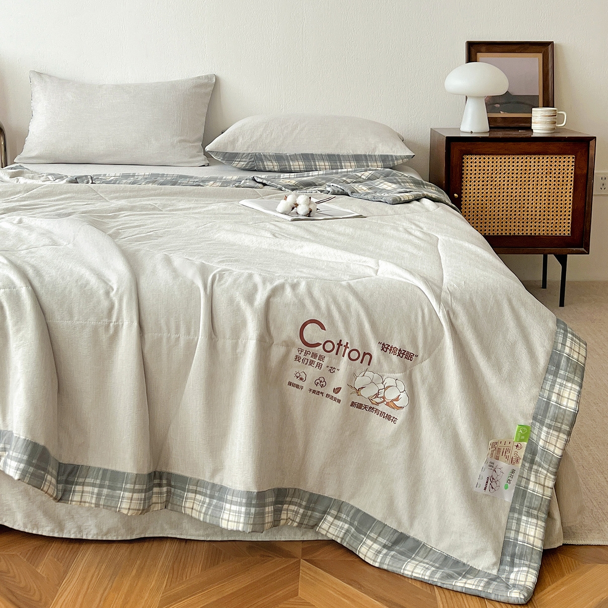 91家纺网 家纺一手货源 找家纺 鹿辉家居（原吉欧力） 2026新款100%新疆棉花水洗色织夏被四件套 灰色