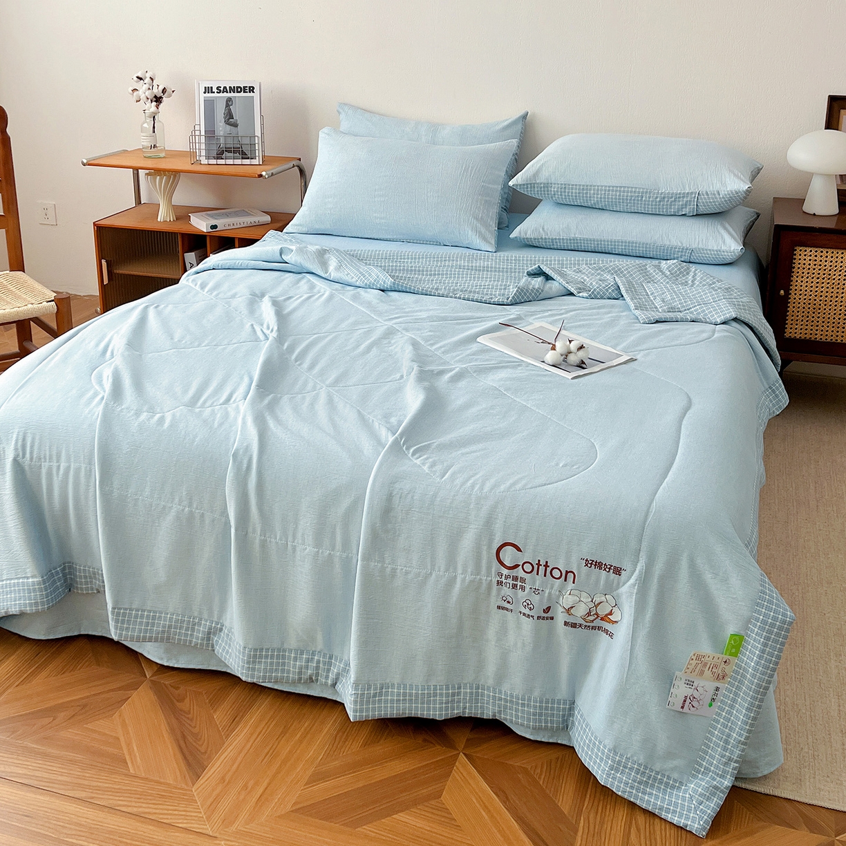 91家纺网 家纺一手货源 找家纺 鹿辉家居（原吉欧力） 2026新款100%新疆棉花水洗色织夏被四件套 浅蓝