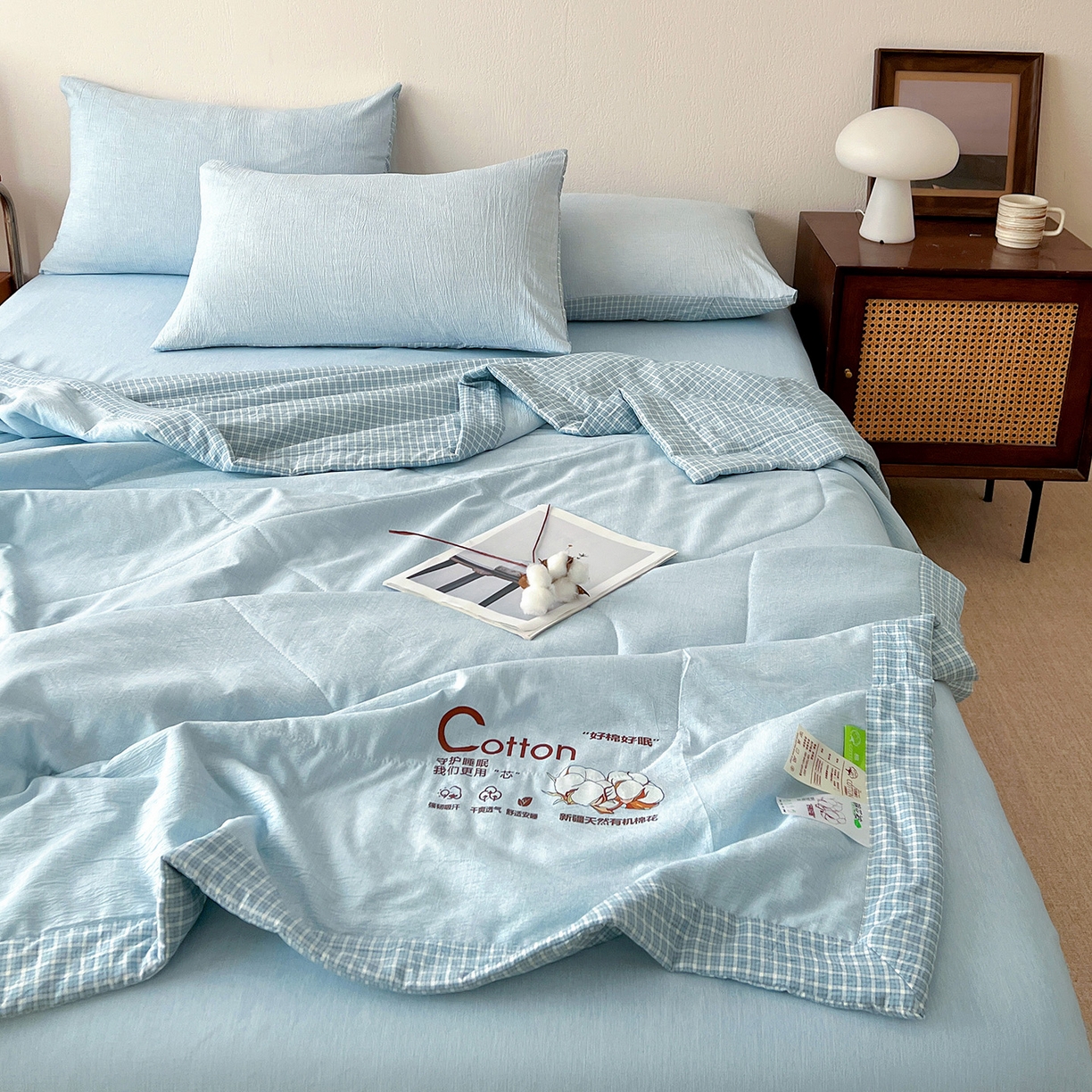 91家纺网 家纺一手货源 找家纺 鹿辉家居（原吉欧力） 2026新款100%新疆棉花水洗色织夏被四件套 浅蓝