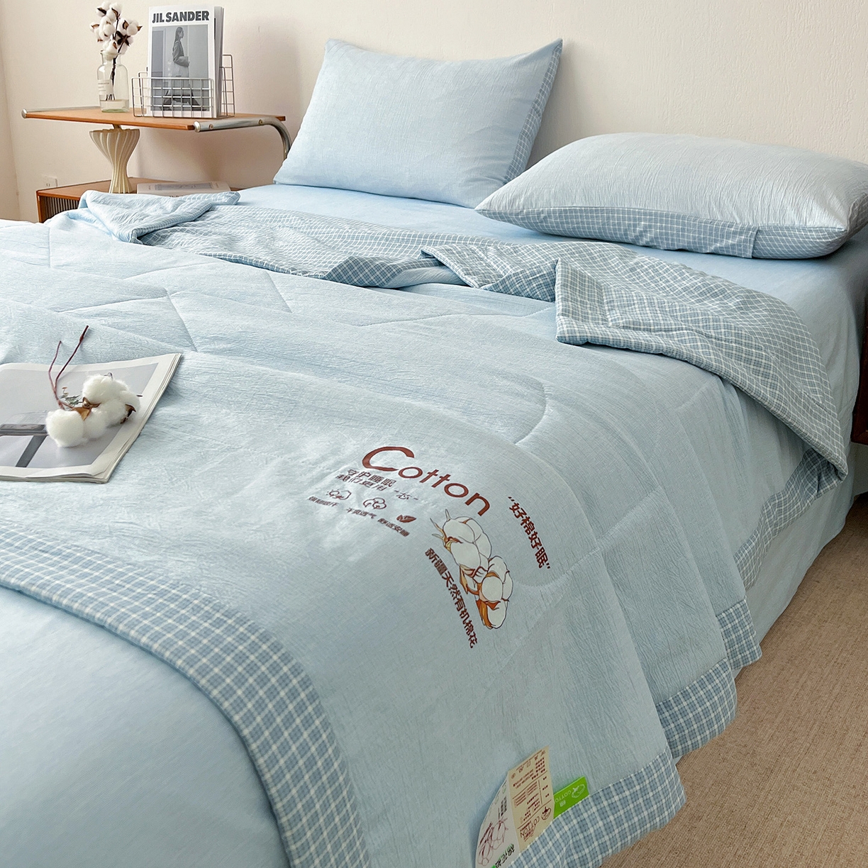 91家纺网 家纺一手货源 找家纺 鹿辉家居（原吉欧力） 2026新款100%新疆棉花水洗色织夏被四件套 浅蓝