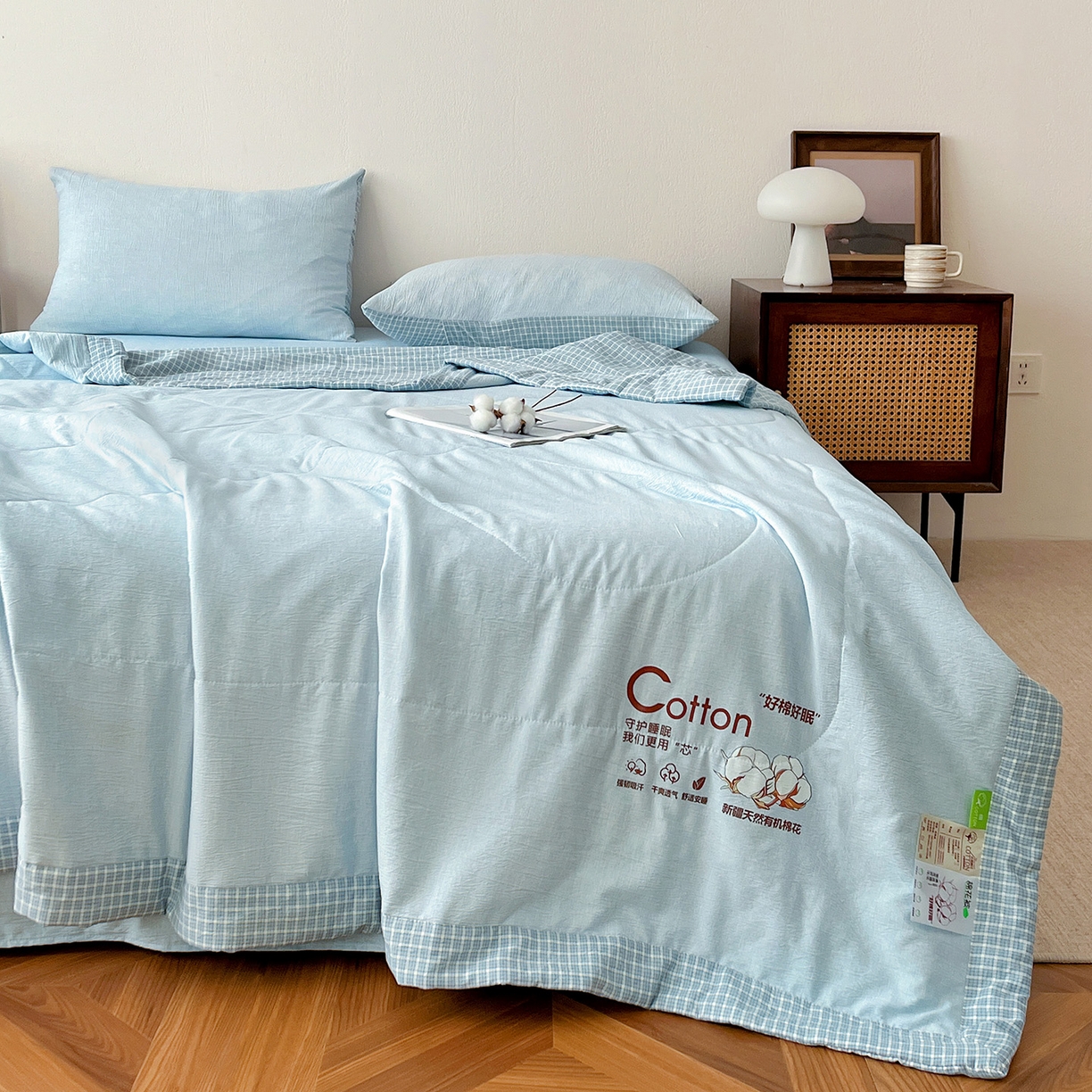 91家纺网 家纺一手货源 找家纺 鹿辉家居（原吉欧力） 2026新款100%新疆棉花水洗色织夏被四件套 浅蓝