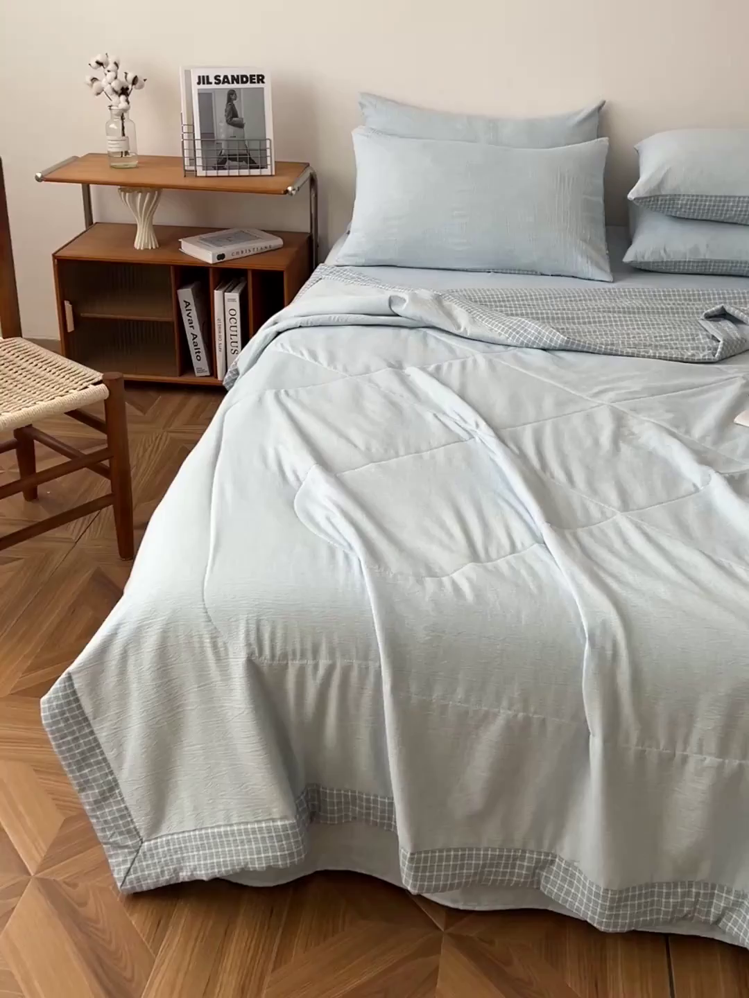 91家纺网 家纺一手货源 找家纺 鹿辉家居（原吉欧力） 2026新款100%新疆棉花水洗色织夏被四件套 浅蓝