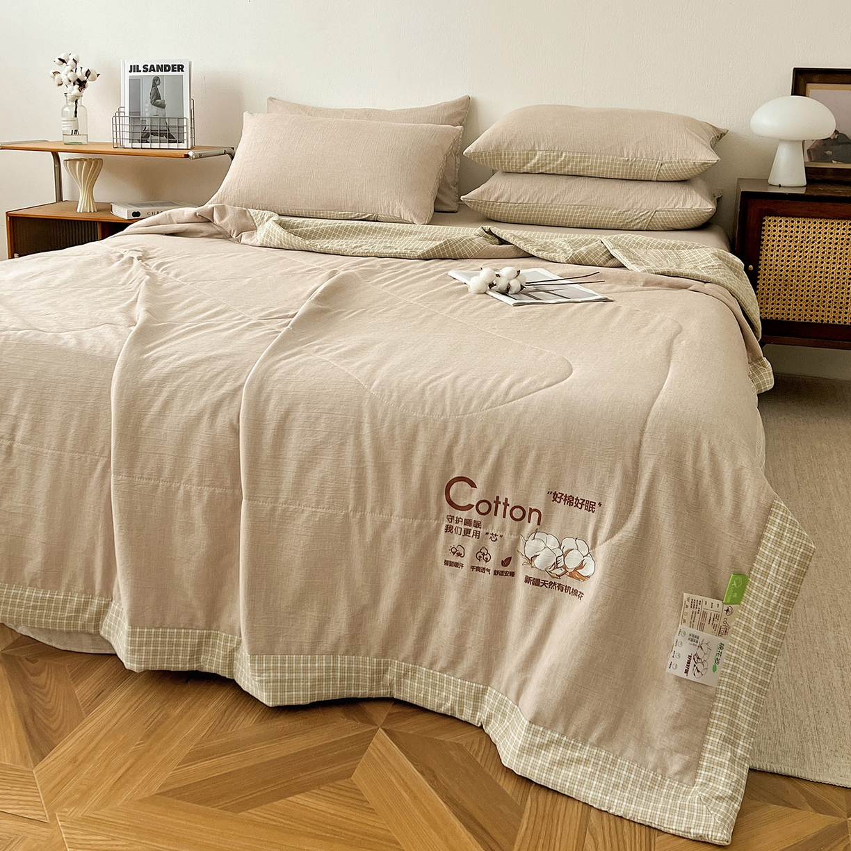 91家纺网 家纺一手货源 找家纺 鹿辉家居（原吉欧力） 2026新款100%新疆棉花水洗色织夏被四件套 杏色