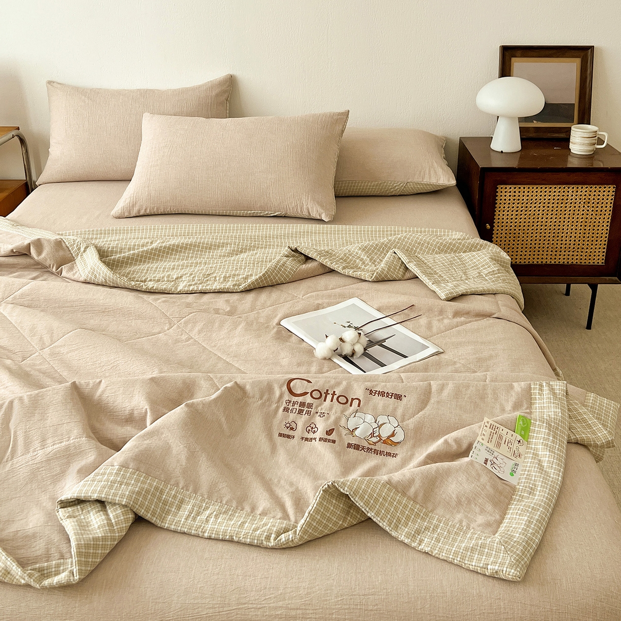 91家纺网 家纺一手货源 找家纺 鹿辉家居（原吉欧力） 2026新款100%新疆棉花水洗色织夏被四件套 杏色