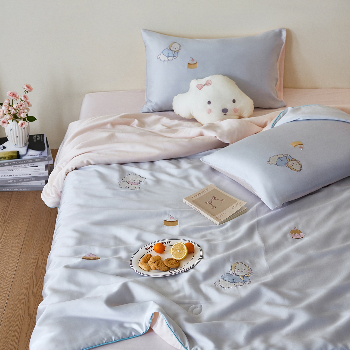 91家纺网 家纺一手货源 找家纺 风向标家纺 2026新款50天丝大豆棉夏被-萌宠甜夏系列 蓝汪浅夏