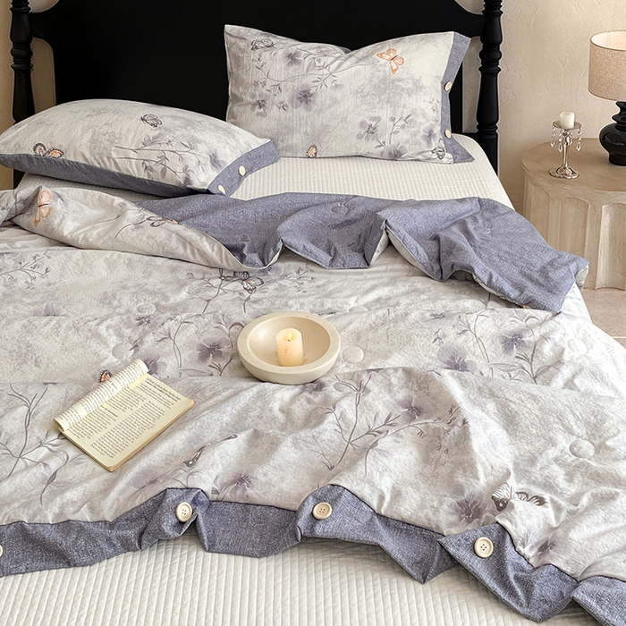 91家纺网 家纺一手货源 找家纺 圣比熊 2026新款A类夏天原麻纽扣加厚夏被宿舍双人床仿亚麻被子被芯 花与蝶