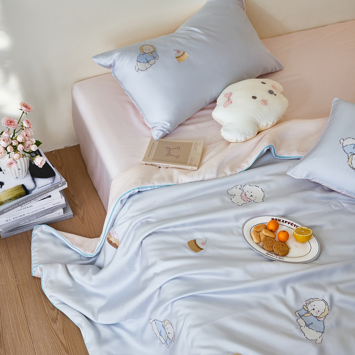 91家纺网 家纺一手货源 找家纺 风向标家纺 2026新款50天丝大豆棉夏被-萌宠甜夏系列 蓝汪浅夏