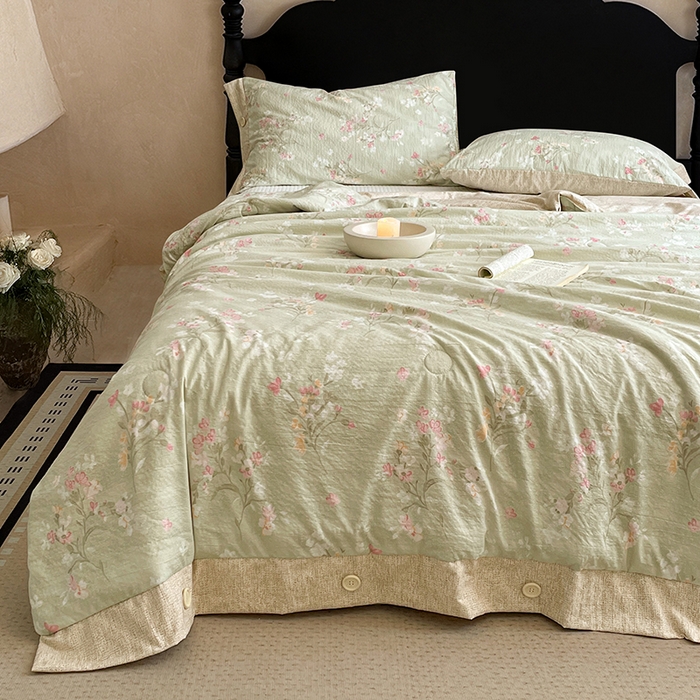 91家纺网 家纺一手货源 找家纺 圣比熊 2026新款A类夏天原麻纽扣加厚夏被宿舍双人床仿亚麻被子被芯 清风花叙