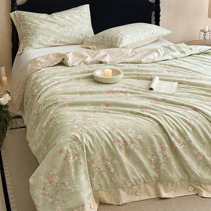 91家纺网 家纺一手货源 找家纺 圣比熊 2026新款A类夏天原麻纽扣加厚夏被宿舍双人床仿亚麻被子被芯 清风花叙