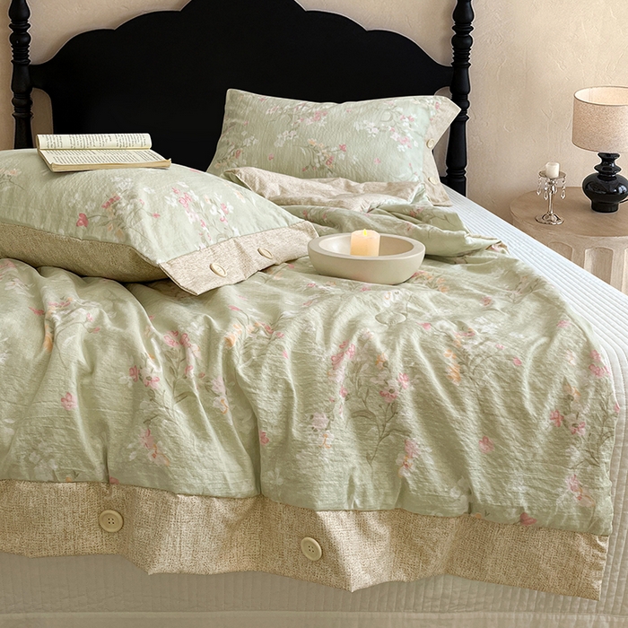 91家纺网 家纺一手货源 找家纺 圣比熊 2026新款A类夏天原麻纽扣加厚夏被宿舍双人床仿亚麻被子被芯 清风花叙