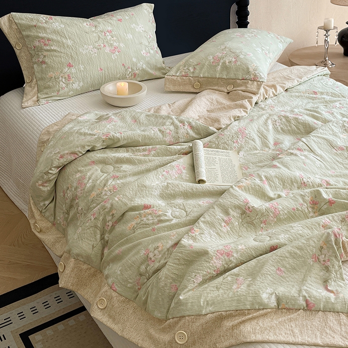 91家纺网 家纺一手货源 找家纺 圣比熊 2026新款A类夏天原麻纽扣加厚夏被宿舍双人床仿亚麻被子被芯 清风花叙