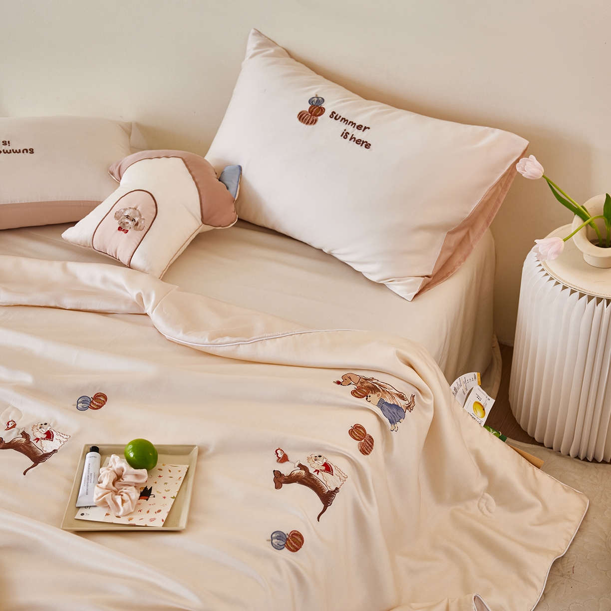 91家纺网 家纺一手货源 找家纺 风向标家纺 2026新款50天丝大豆棉夏被-萌宠甜夏系列 南瓜小狗