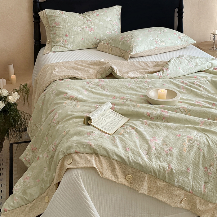 91家纺网 家纺一手货源 找家纺 圣比熊 2026新款A类夏天原麻纽扣加厚夏被宿舍双人床仿亚麻被子被芯 清风花叙