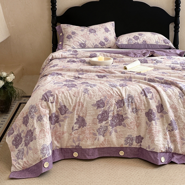 91家纺网 家纺一手货源 找家纺 圣比熊 2026新款A类夏天原麻纽扣加厚夏被宿舍双人床仿亚麻被子被芯 安紫