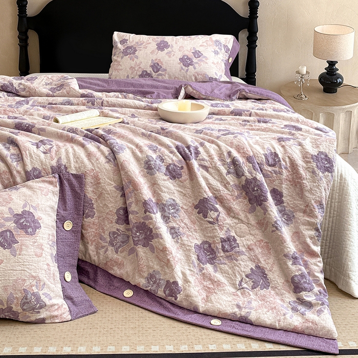 91家纺网 家纺一手货源 找家纺 圣比熊 2026新款A类夏天原麻纽扣加厚夏被宿舍双人床仿亚麻被子被芯 安紫