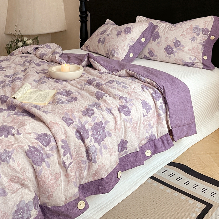 91家纺网 家纺一手货源 找家纺 圣比熊 2026新款A类夏天原麻纽扣加厚夏被宿舍双人床仿亚麻被子被芯 安紫