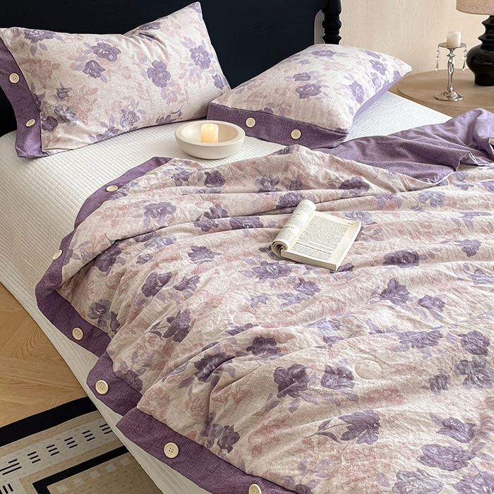 91家纺网 家纺一手货源 找家纺 圣比熊 2026新款A类夏天原麻纽扣加厚夏被宿舍双人床仿亚麻被子被芯 安紫