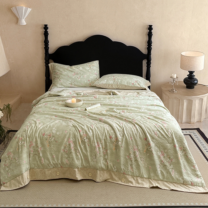 91家纺网 家纺一手货源 找家纺 梦舒羽 2026新款A类夏天原麻纽扣加厚夏被宿舍双人床仿亚麻被子被芯 清风花叙