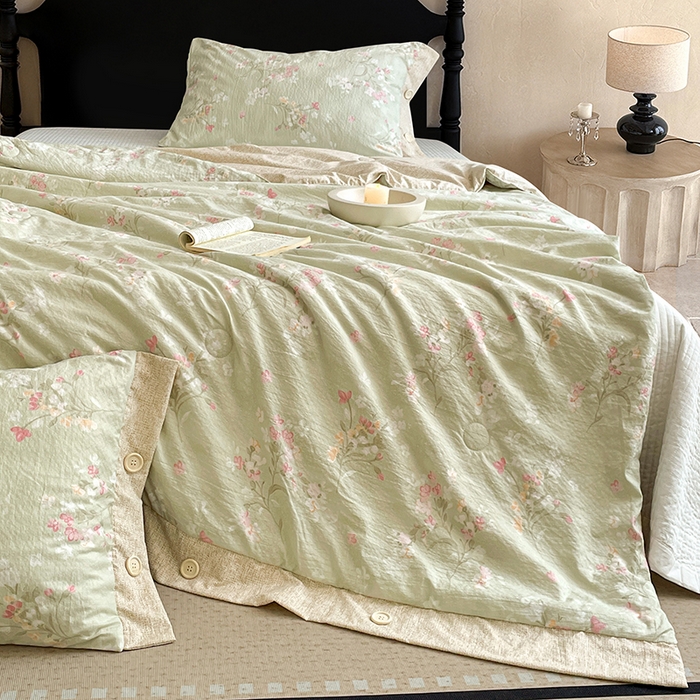 91家纺网 家纺一手货源 找家纺 梦舒羽 2026新款A类夏天原麻纽扣加厚夏被宿舍双人床仿亚麻被子被芯 清风花叙