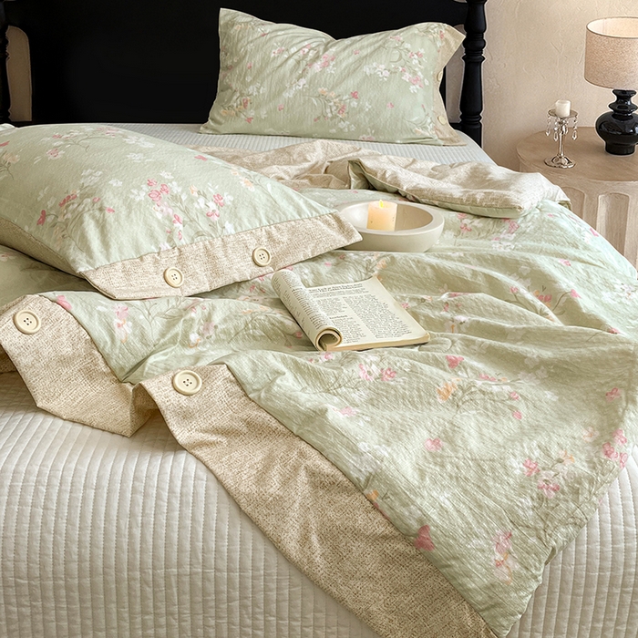 91家纺网 家纺一手货源 找家纺 梦舒羽 2026新款A类夏天原麻纽扣加厚夏被宿舍双人床仿亚麻被子被芯 清风花叙