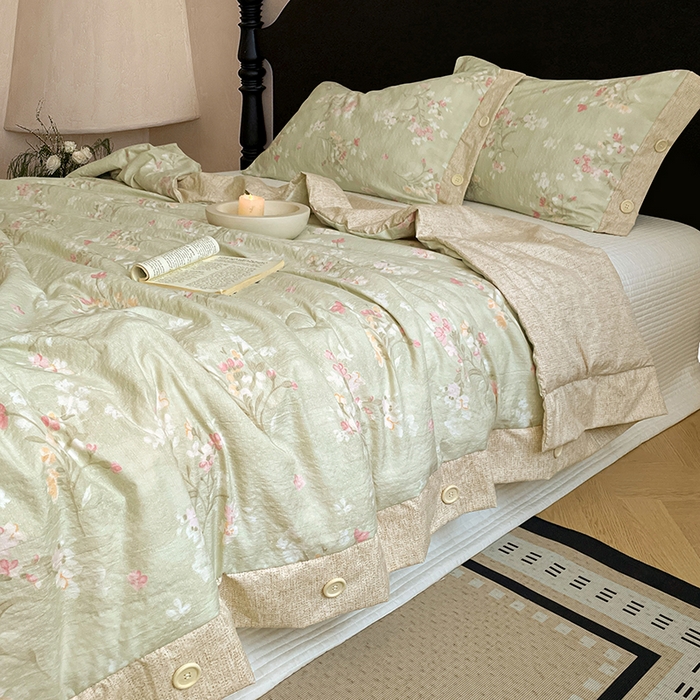 91家纺网 家纺一手货源 找家纺 梦舒羽 2026新款A类夏天原麻纽扣加厚夏被宿舍双人床仿亚麻被子被芯 清风花叙