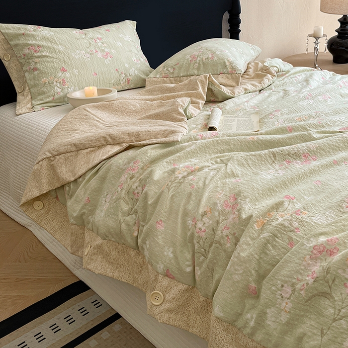 91家纺网 家纺一手货源 找家纺 梦舒羽 2026新款A类夏天原麻纽扣加厚夏被宿舍双人床仿亚麻被子被芯 清风花叙