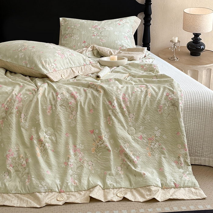 91家纺网 家纺一手货源 找家纺 梦舒羽 2026新款A类夏天原麻纽扣加厚夏被宿舍双人床仿亚麻被子被芯 清风花叙