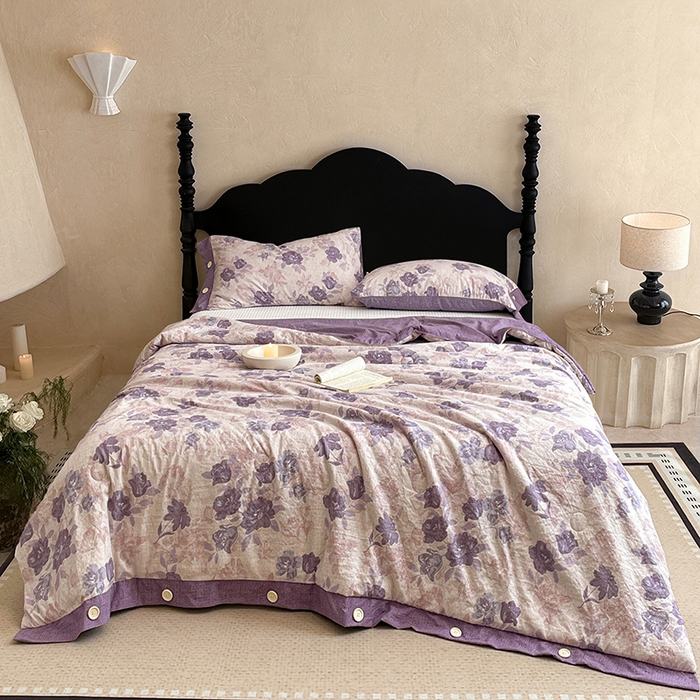 91家纺网 家纺一手货源 找家纺 梦舒羽 2026新款A类夏天原麻纽扣加厚夏被宿舍双人床仿亚麻被子被芯 安紫