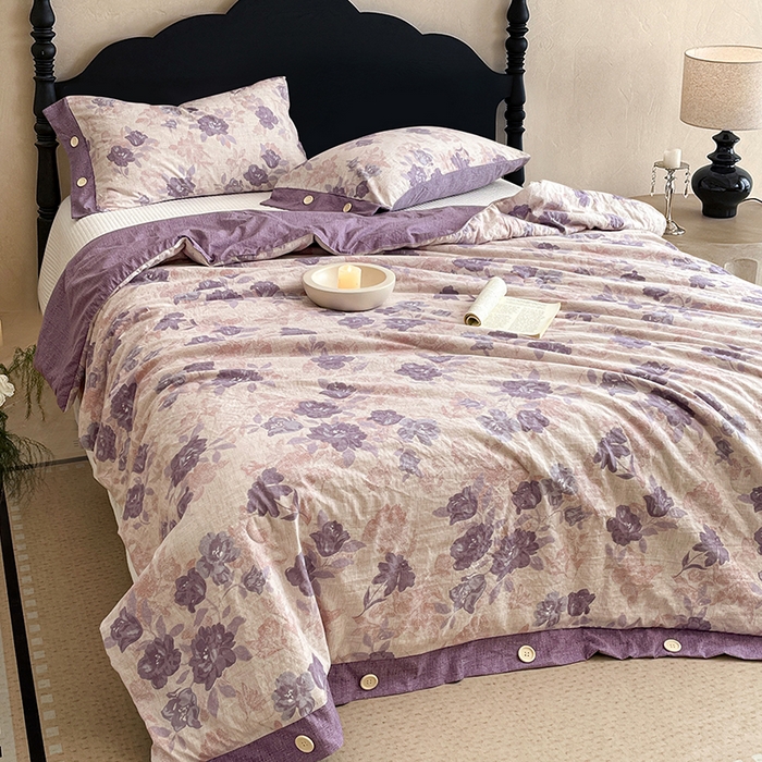 91家纺网 家纺一手货源 找家纺 梦舒羽 2026新款A类夏天原麻纽扣加厚夏被宿舍双人床仿亚麻被子被芯 安紫