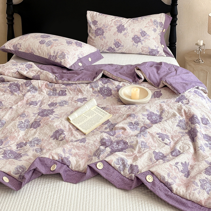 91家纺网 家纺一手货源 找家纺 梦舒羽 2026新款A类夏天原麻纽扣加厚夏被宿舍双人床仿亚麻被子被芯 安紫