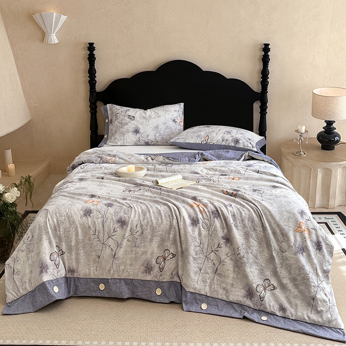 91家纺网 家纺一手货源 找家纺 梦舒羽 2026新款A类夏天原麻纽扣加厚夏被宿舍双人床仿亚麻被子被芯 花与蝶