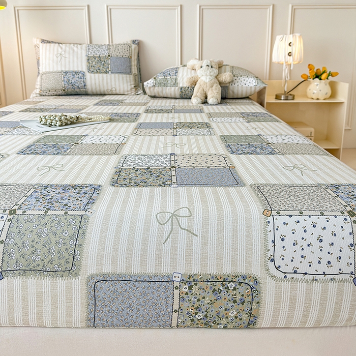 91家纺网 家纺一手货源 找家纺 缦彩 2026新款A类全棉老粗布床笠单件加厚床罩三件套 素锦花窗