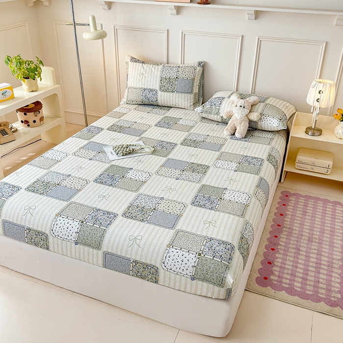 91家纺网 家纺一手货源 找家纺 缦彩 2026新款A类全棉老粗布床笠单件加厚床罩三件套 素锦花窗