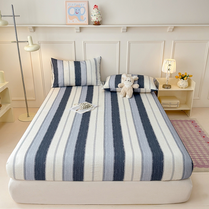 91家纺网 家纺一手货源 找家纺 缦彩 2026新款A类全棉老粗布床笠单件加厚床罩三件套 简纹蓝调