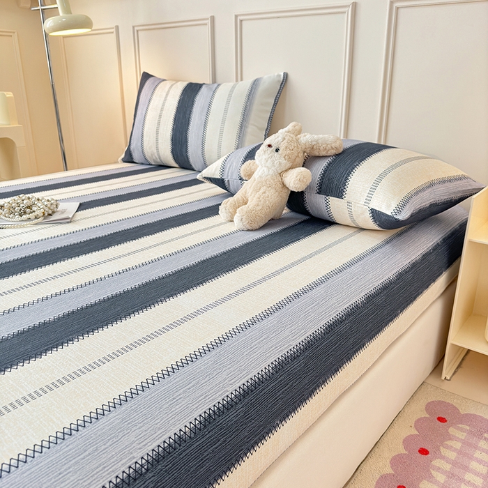 91家纺网 家纺一手货源 找家纺 缦彩 2026新款A类全棉老粗布床笠单件加厚床罩三件套 简纹蓝调