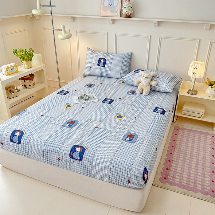 91家纺网 家纺一手货源 找家纺 缦彩 2026新款A类全棉老粗布床笠单件加厚床罩三件套 萌犬格纹