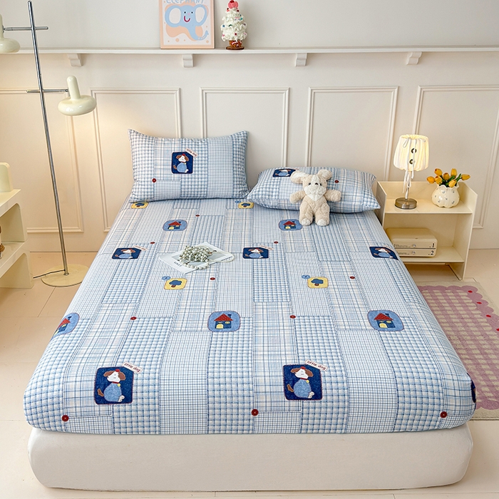 91家纺网 家纺一手货源 找家纺 缦彩 2026新款A类全棉老粗布床笠单件加厚床罩三件套 萌犬格纹